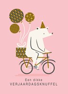 Ansichtkaart verjaardagsknuffel beer op fiets met ballonnen